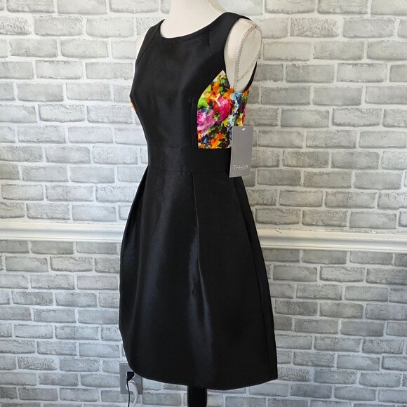 Theia Couture Black Taffeta Dress Fit Flare Floral Elegant Party LBD 6 NEW $450 - Picture 10 of 10